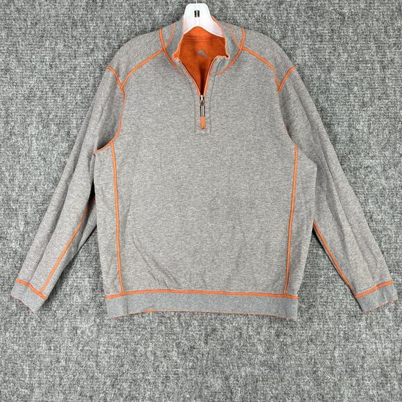 Tommy Bahama Sweater Mens Large Orange Reversible Heavyweight Quarter Zip Ribbed - Picture 2 of 11